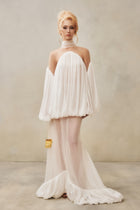 Mesh-Panel High-Neck Draped Double-Layer Dress