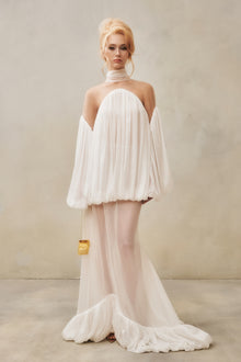 Mesh-Panel High-Neck Draped Double-Layer Dress