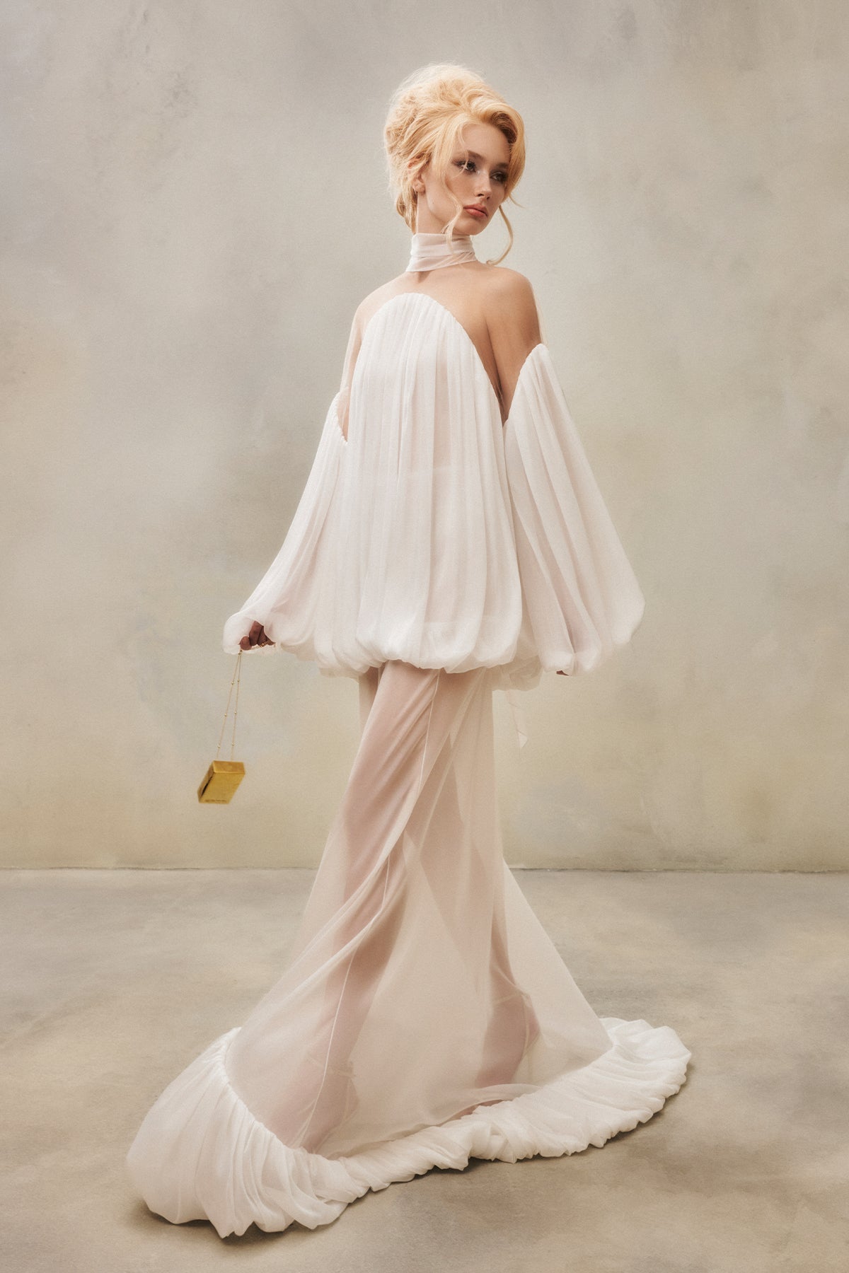 Mesh-Panel High-Neck Draped Double-Layer Dress