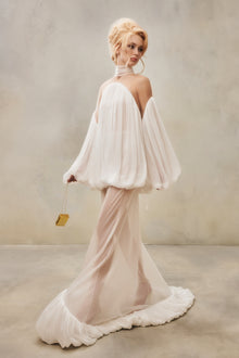 Mesh-Panel High-Neck Draped Double-Layer Dress