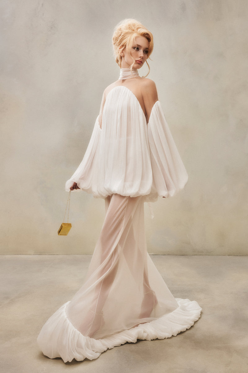 Mesh-Panel High-Neck Draped Double-Layer Dress