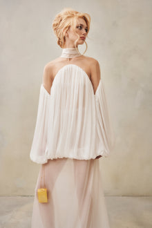 Mesh-Panel High-Neck Draped Double-Layer Dress