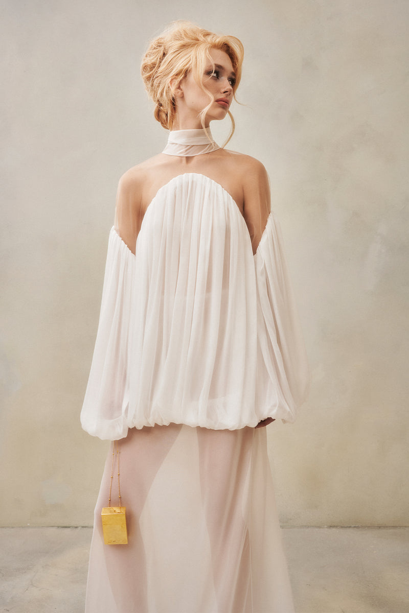 Mesh-Panel High-Neck Draped Double-Layer Dress