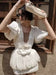 Mesh V-Neck Lantern-Sleeve Ruched Bubble Dress with 3D Floral Appliqué