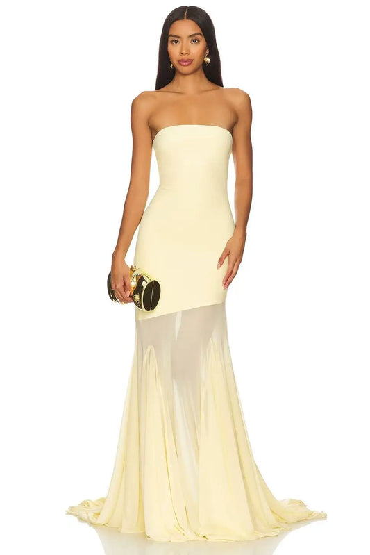 Strapless Bodycon Mesh Paneling Maxi Dres – Elegant Party & Evening Wear