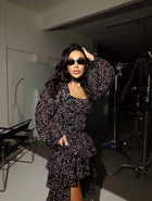 Square-Neck Long-Sleeve Printed Chiffon Tiered Asymmetric-Hem Maxi Dress