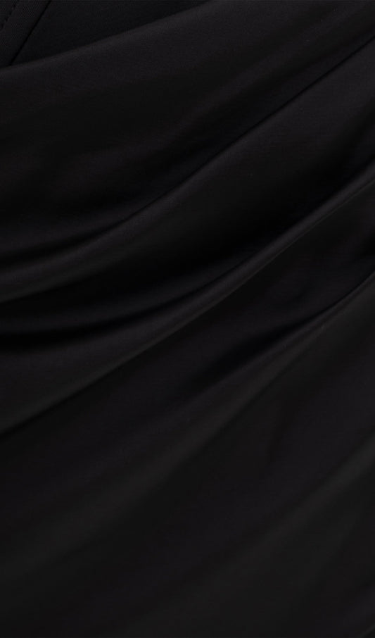 Satin Off Shoulder Diagonal Boning Maxi Dress