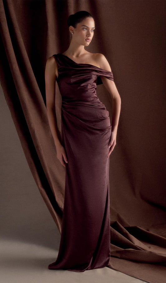 Off Shoulder Satin Maxi Dress