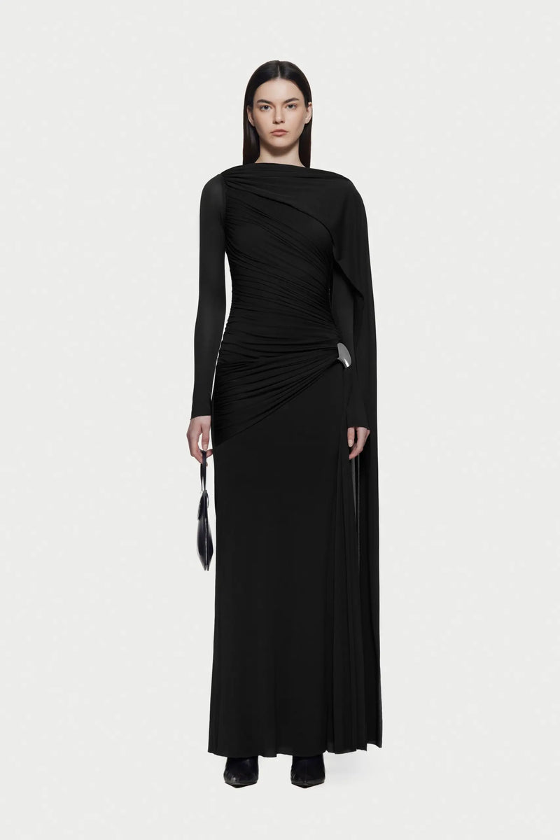 Asymmetrical Draped One-Shoulder Long-Sleeve Bodycon Dress