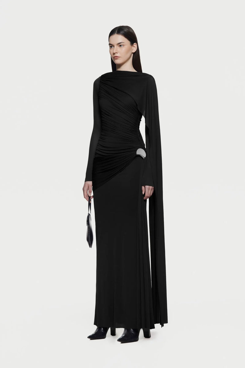 Asymmetrical Draped One-Shoulder Long-Sleeve Bodycon Dress