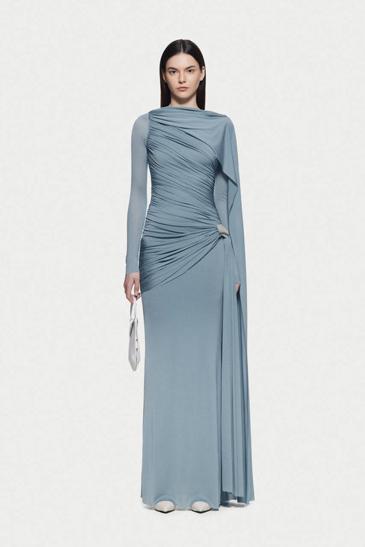Asymmetrical Draped One-Shoulder Long-Sleeve Bodycon Dress