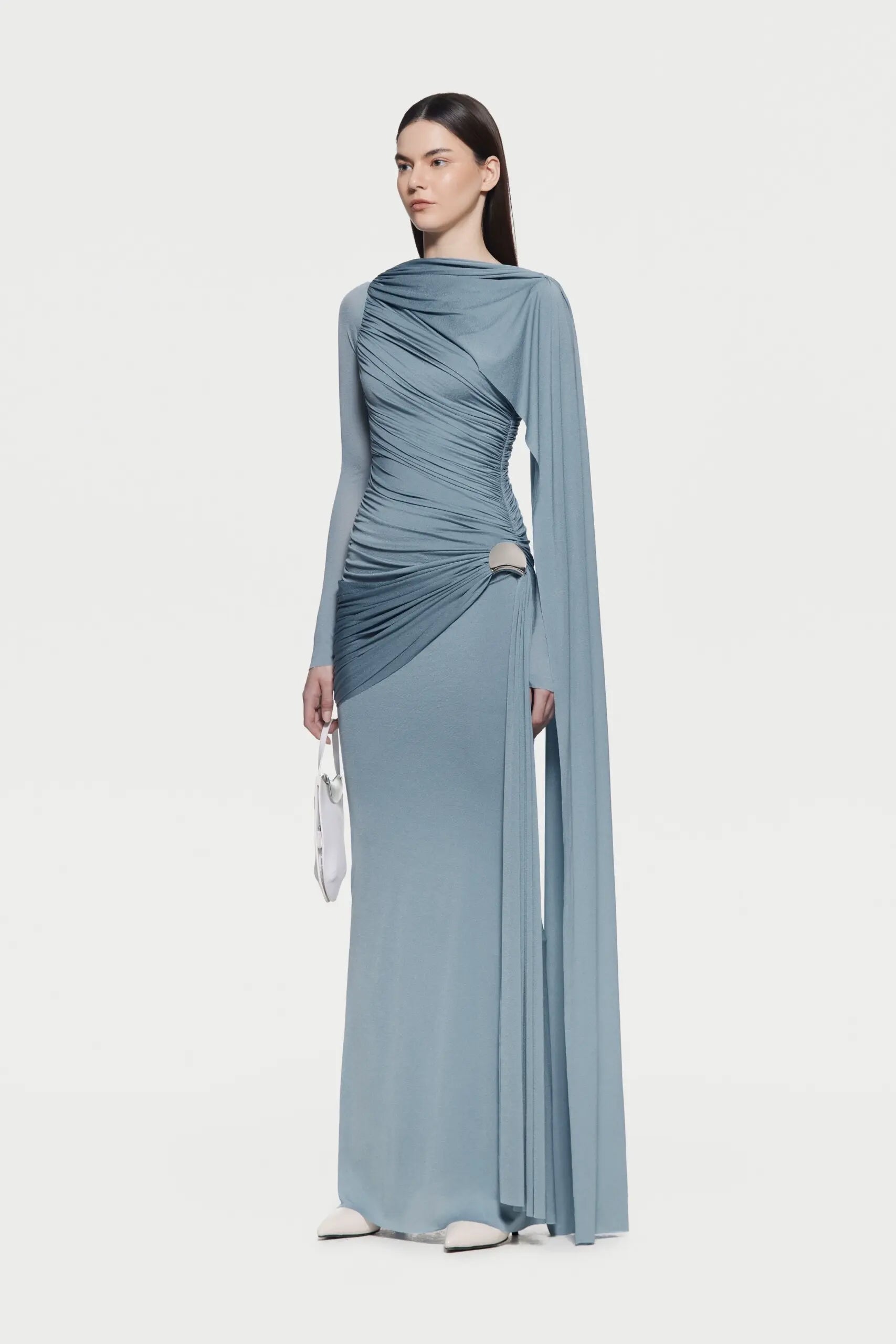 Asymmetrical Draped One-Shoulder Long-Sleeve Bodycon Dress