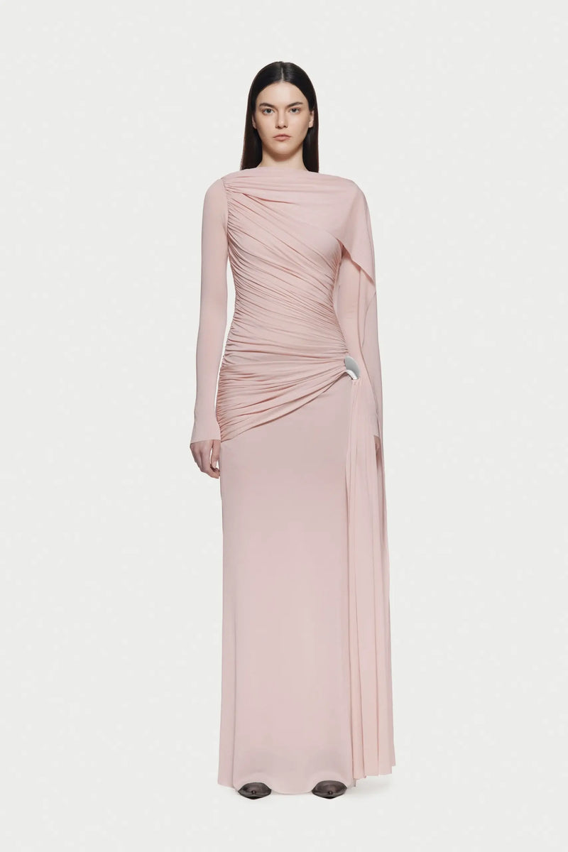 Asymmetrical Draped One-Shoulder Long-Sleeve Bodycon Dress