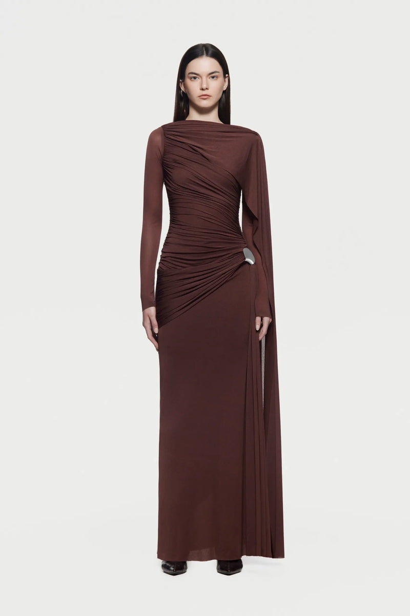 Asymmetrical Draped One-Shoulder Long-Sleeve Bodycon Dress