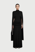 Cape-Drape High-Neck Sleeveless Ruched Knit Dress