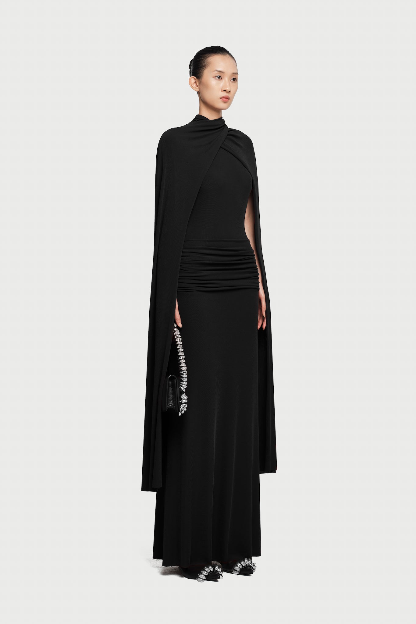 Cape-Drape High-Neck Sleeveless Ruched Knit Dress