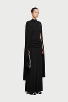Cape-Drape High-Neck Sleeveless Ruched Knit Dress