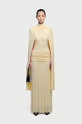 Cape-Drape High-Neck Sleeveless Ruched Knit Dress