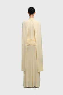 Cape-Drape High-Neck Sleeveless Ruched Knit Dress