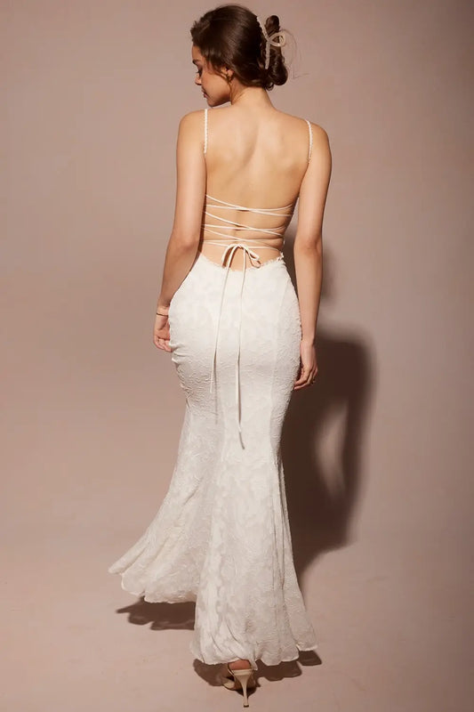 Ivory Lace up Back Maxi Dress