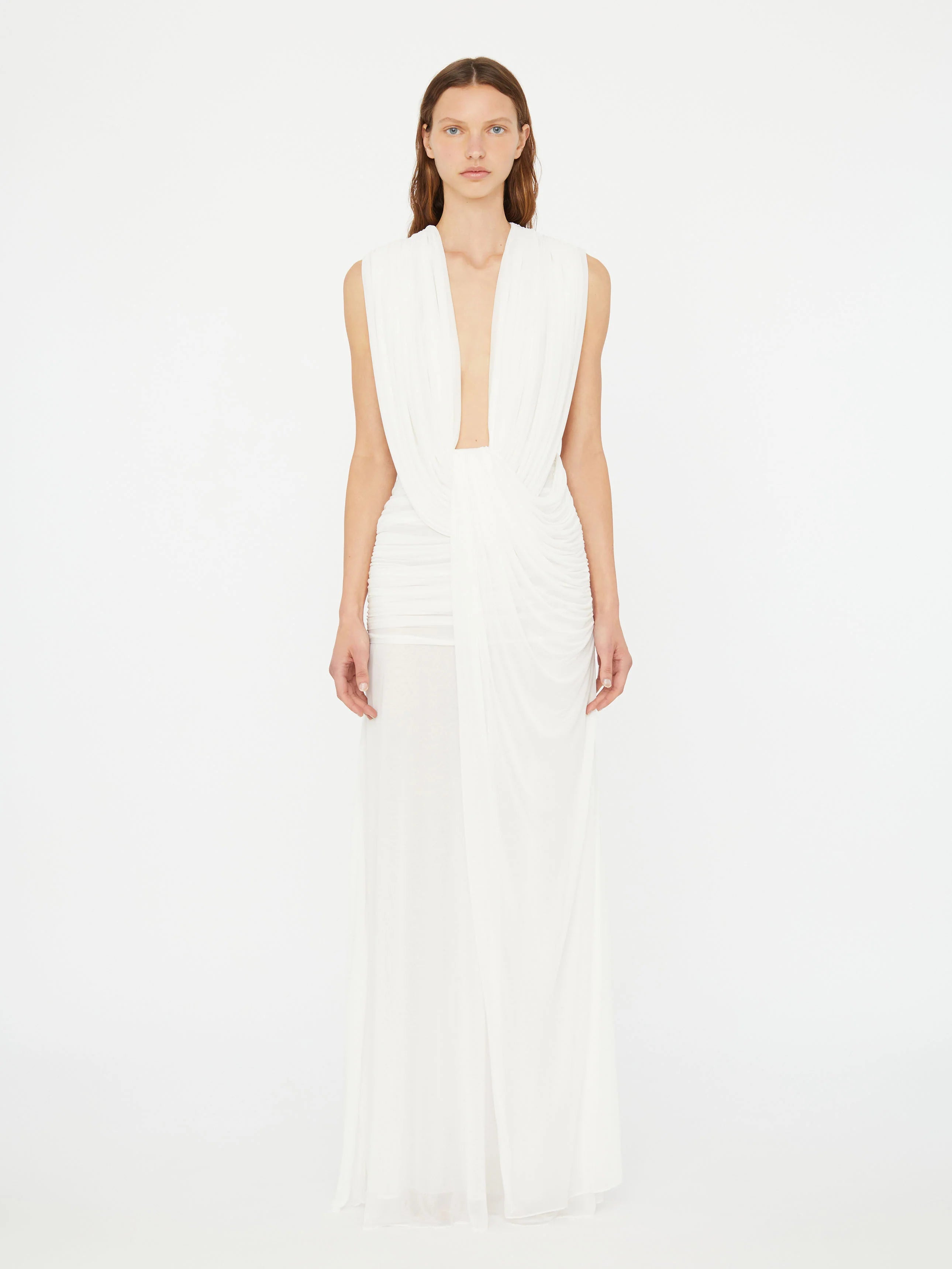Plunge V-Neck Hooded with Draped Twist-Knot Waist Dress