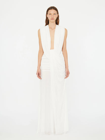 Plunge V-Neck Hooded with Draped Twist-Knot Waist Dress