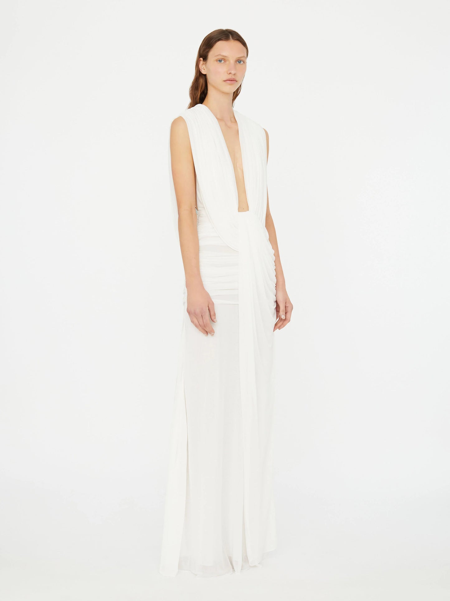 Plunge V-Neck Hooded with Draped Twist-Knot Waist Dress