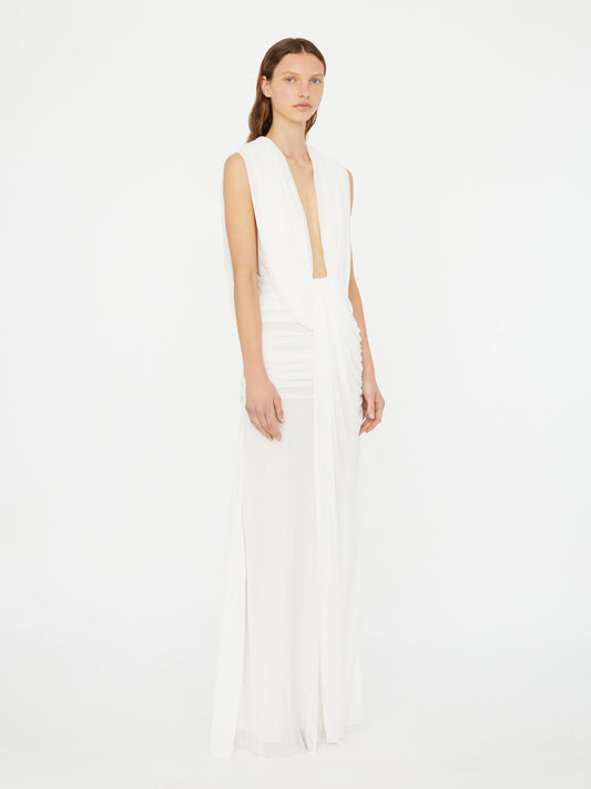 Plunge V-Neck Hooded with Draped Twist-Knot Waist Dress