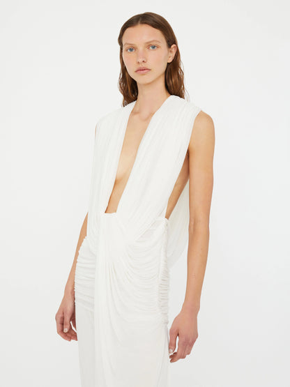 Plunge V-Neck Hooded with Draped Twist-Knot Waist Dress