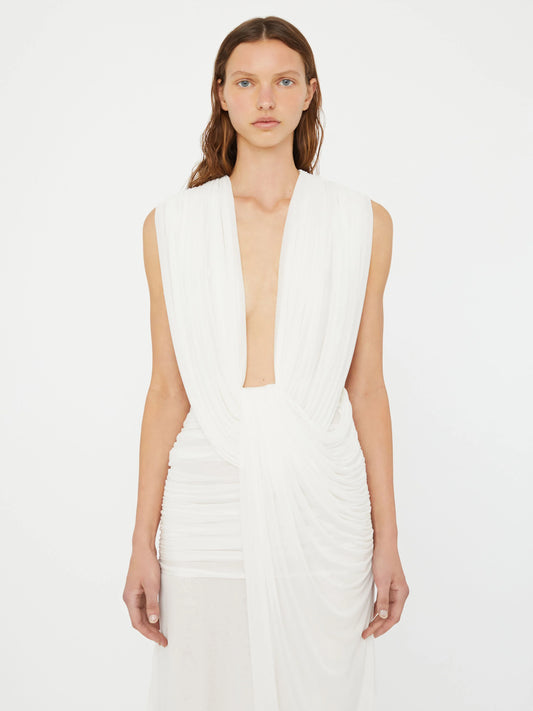 Plunge V-Neck Hooded with Draped Twist-Knot Waist Dress