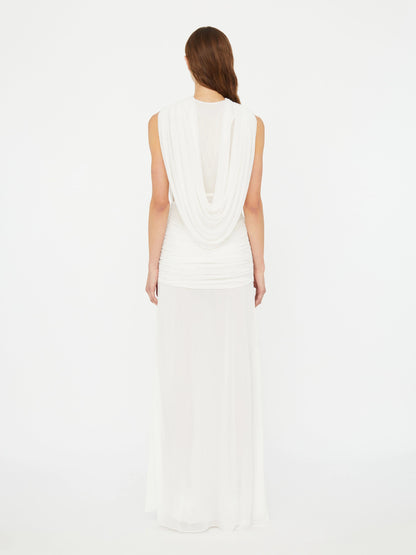 Plunge V-Neck Hooded with Draped Twist-Knot Waist Dress