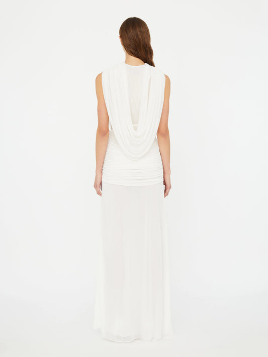 Plunge V-Neck Hooded with Draped Twist-Knot Waist Dress