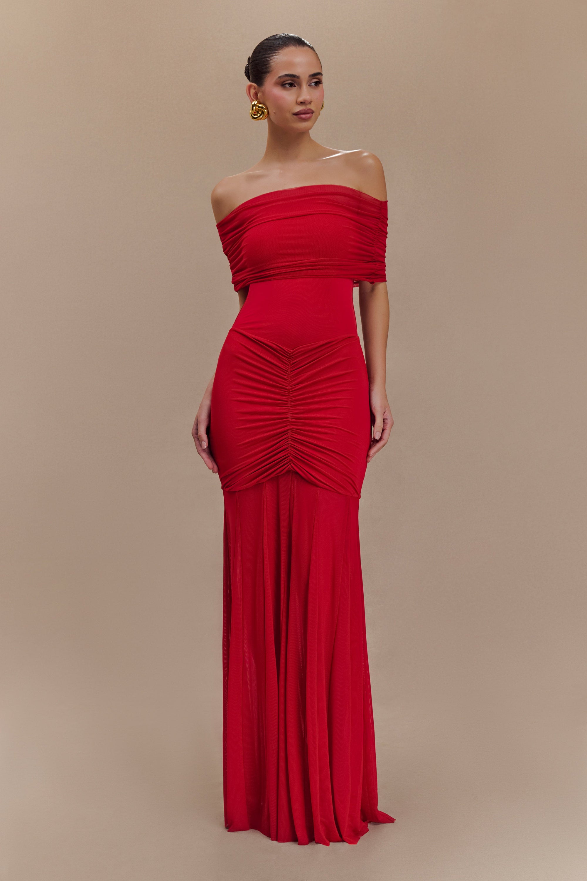 Caspian Slinky And Mesh Off Shoulder Maxi Dress