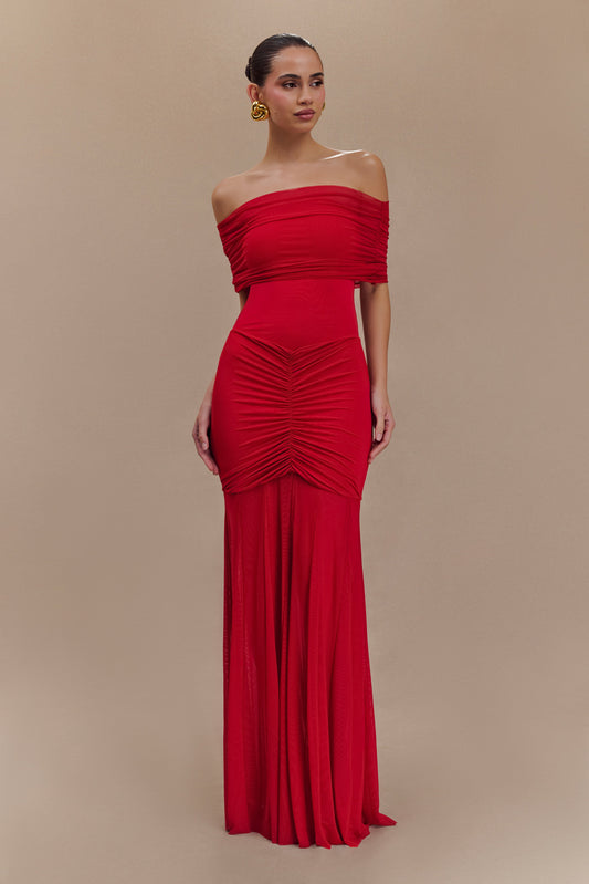 Caspian Slinky And Mesh Off Shoulder Maxi Dress