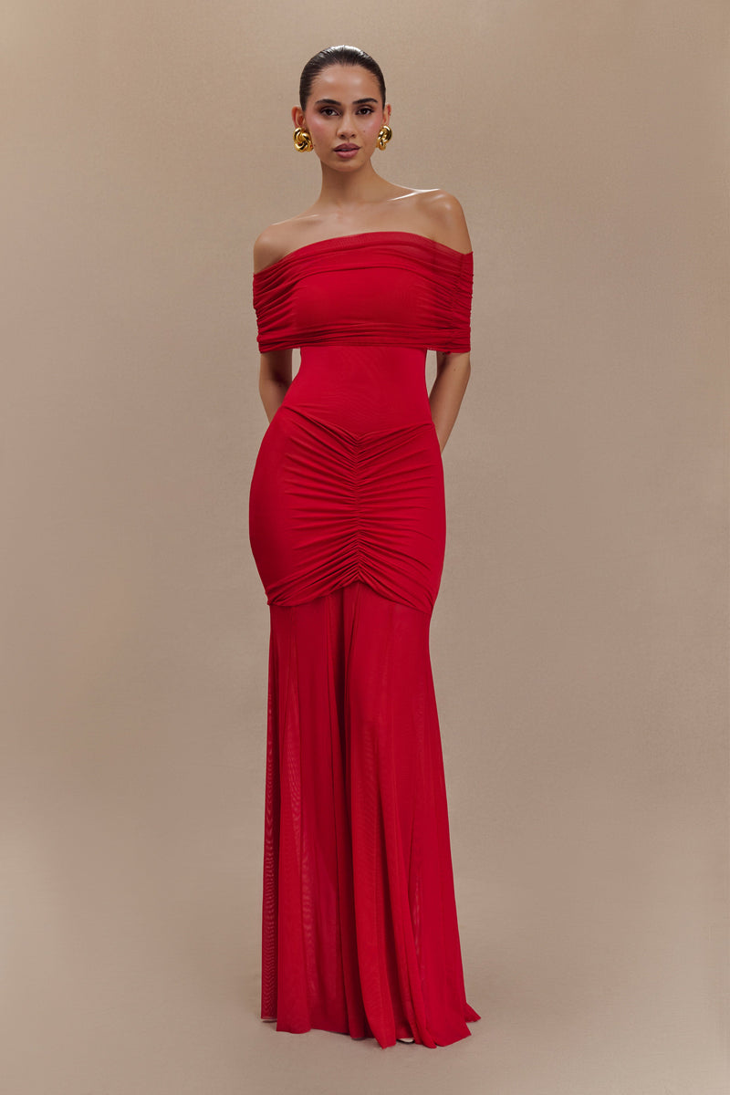 Caspian Slinky And Mesh Off Shoulder Maxi Dress
