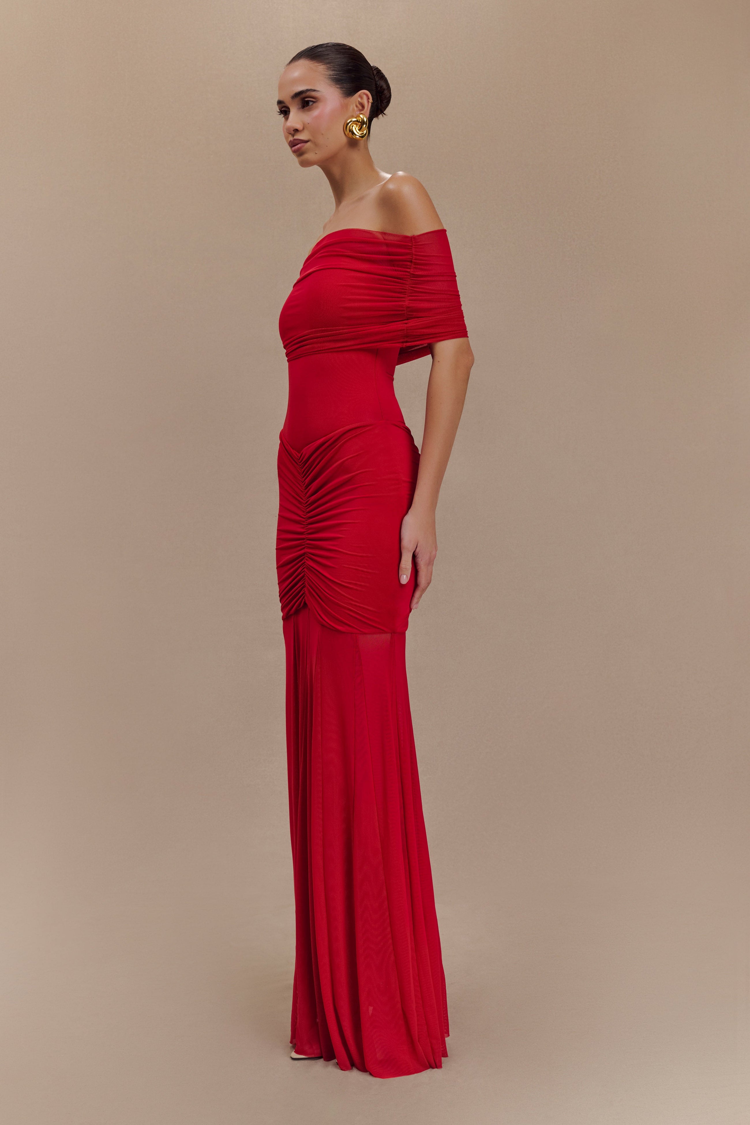 Caspian Slinky And Mesh Off Shoulder Maxi Dress