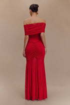 Caspian Slinky And Mesh Off Shoulder Maxi Dress