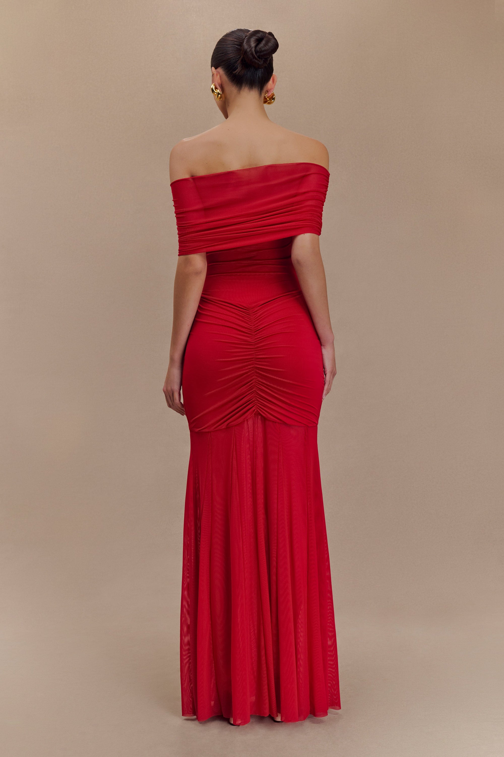 Caspian Slinky And Mesh Off Shoulder Maxi Dress