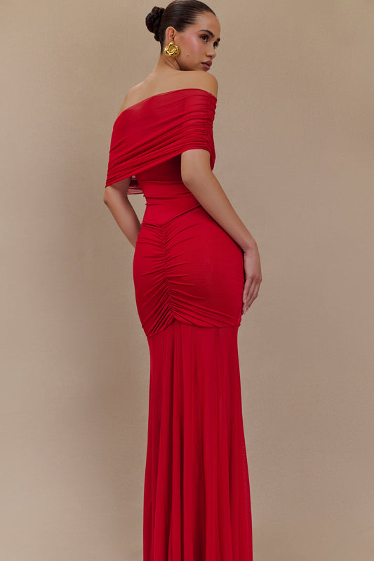 Caspian Slinky And Mesh Off Shoulder Maxi Dress