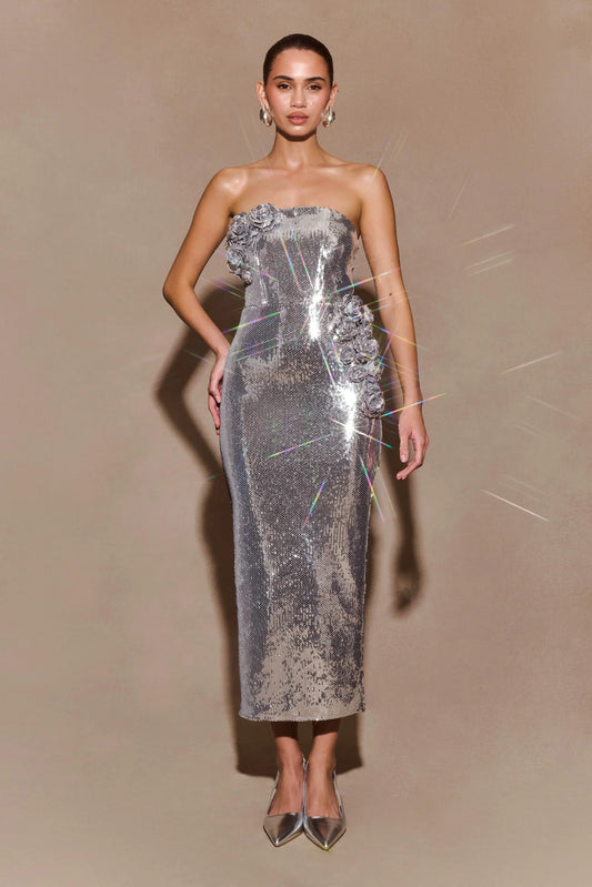 Cassia Strapless Sequin Rose Midi Dress
