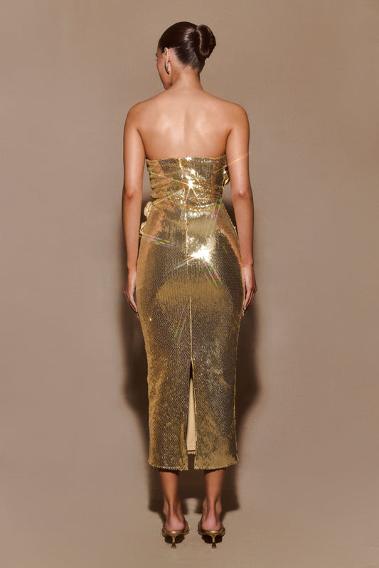 Cassia Strapless Sequin Rose Midi Dress