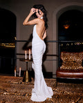 High-Neck Sleeveless Backless Ruched White Maxi Dress
