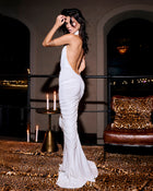 High-Neck Sleeveless Backless Ruched White Maxi Dress