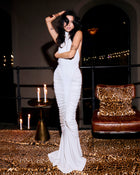 High-Neck Sleeveless Backless Ruched White Maxi Dress