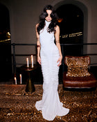 High-Neck Sleeveless Backless Ruched White Maxi Dress