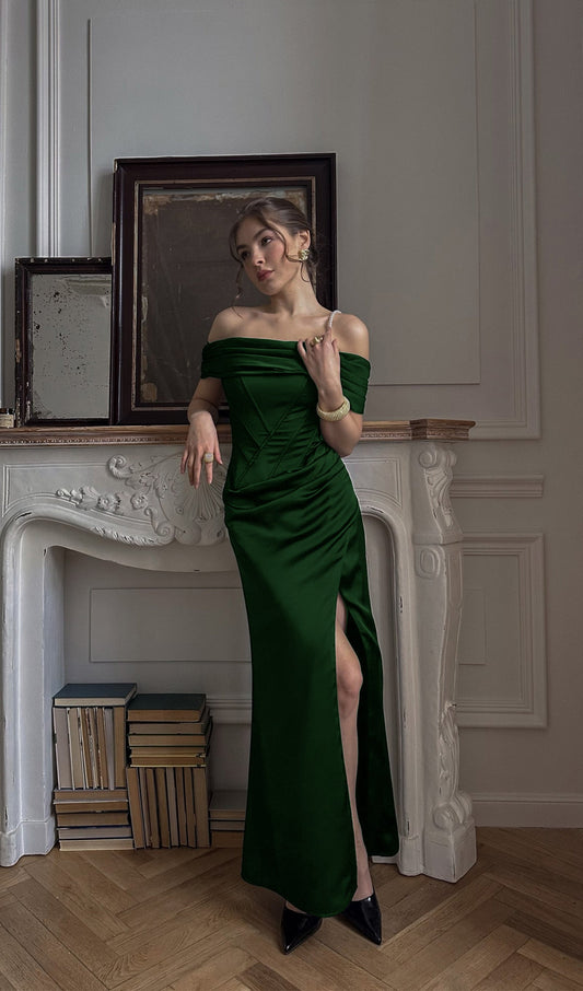 Satin Off Shoulder Diagonal Boning Maxi Dress