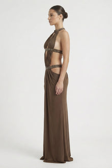 Crew-Neck Sleeveless Cutout Ruched Backless Dress