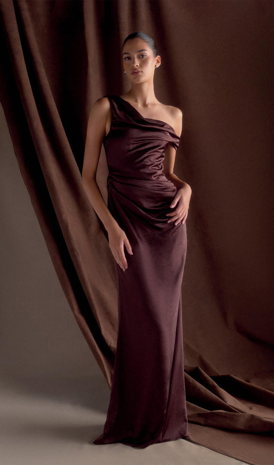 Off Shoulder Satin Maxi Dress