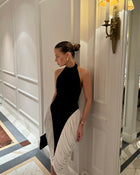 Halter High-Neck Sleeveless Backless Black-and-White Pleated Dress