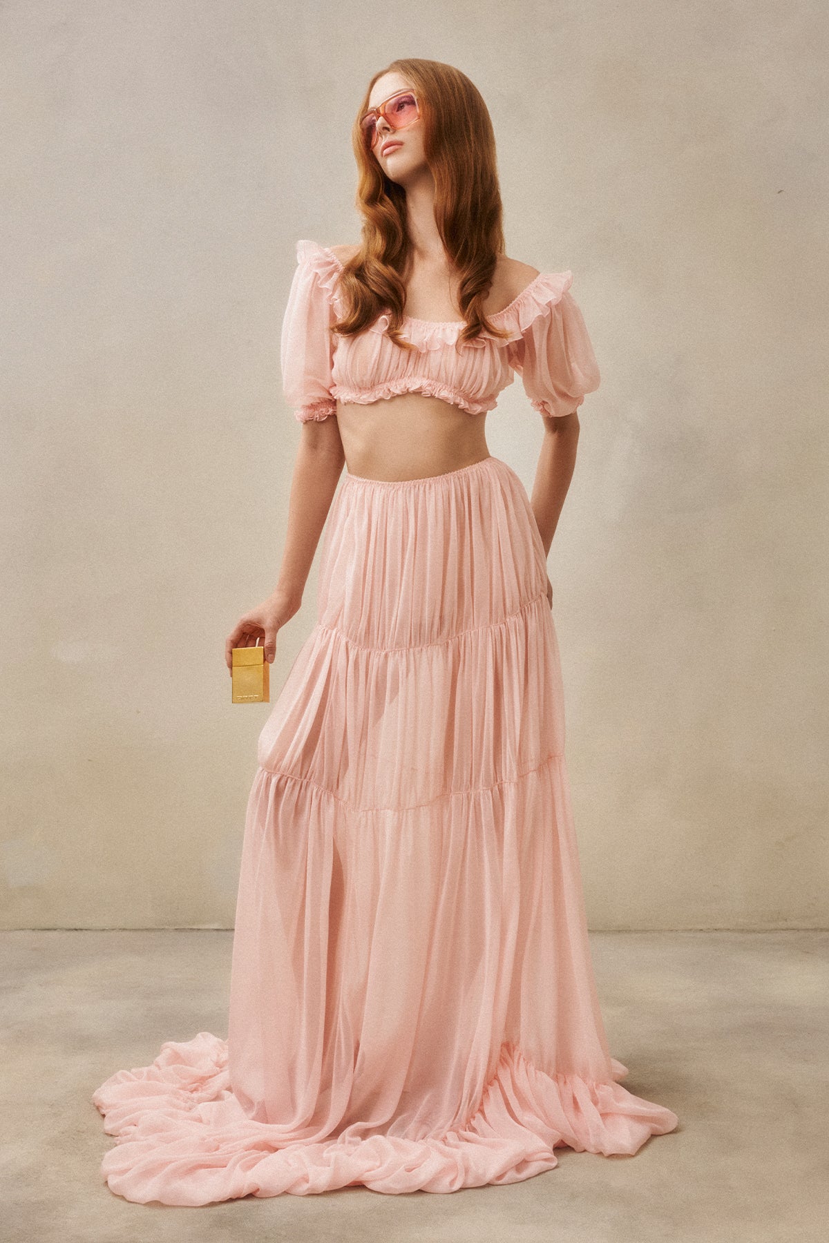 Scoop-Neck Lettuce-Trim Puff-Sleeve Cropped Top and Low-Rise Ruched Skirt Chiffon Set
